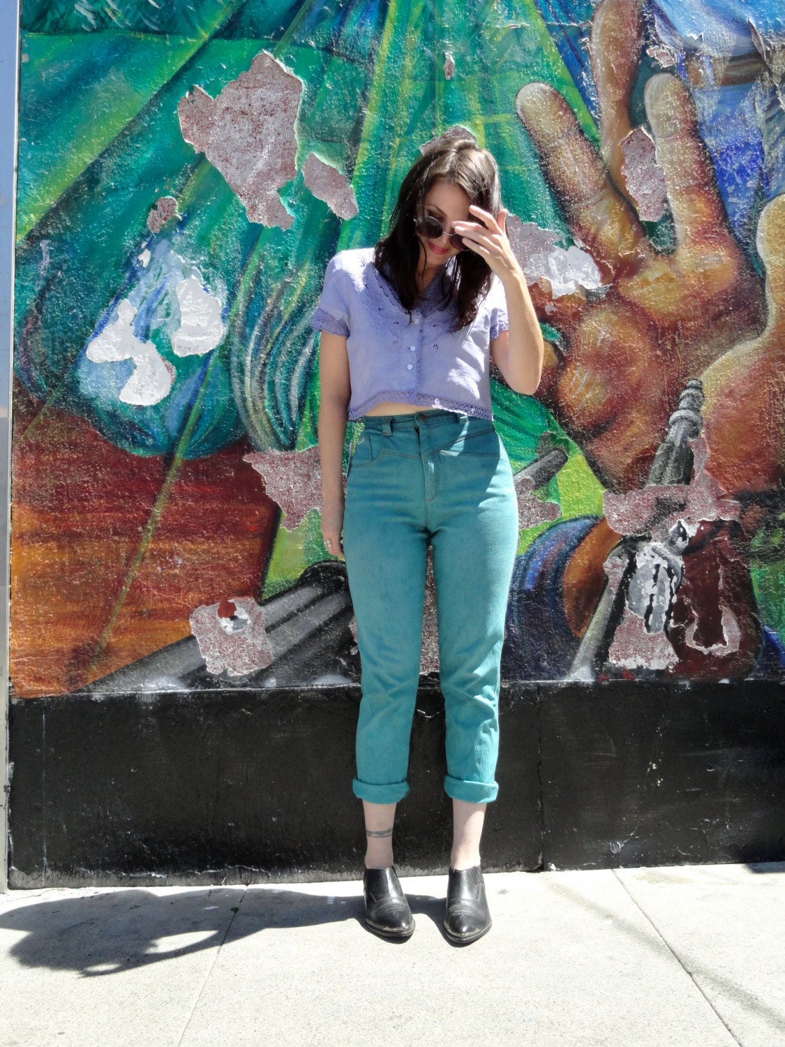 Vintage 90's Hand Dyed Teal Green GINO JEANS High Waist SKINNY Distressed Denim Pants (sz 2 4 6)
