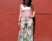 Vintage 60's Pink Green White Floral and Gold Lamé Polka Dot Wide Leg pants Pants (sz 0 2 4 6)