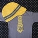 Personalized Set, Pick your size - Beanie & Tie Onesie, Slate Gray, Yellow, Trellis Monogrammed - Professional Baby Boy Shower Gift Set