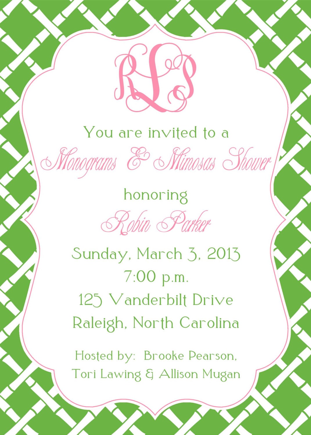 Preppy Green Bamboo  Invitation, Rehearsal Dinner, Monogram Shower or Party Invitation - Set of 12