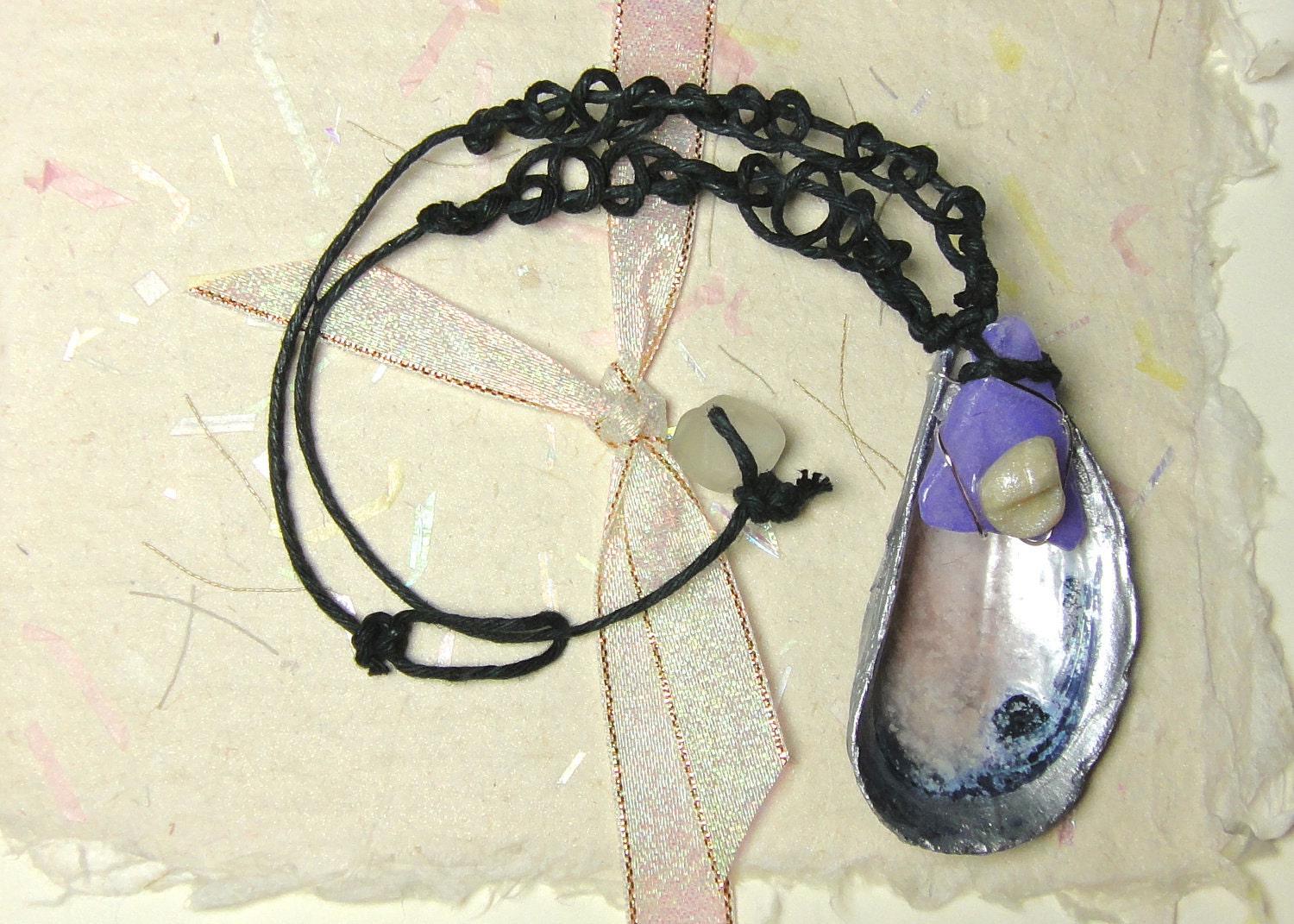 Seashell necklace - Purple seaglass - polymer clay pearl - braided hemp - bohemian - beach - gift - handmade