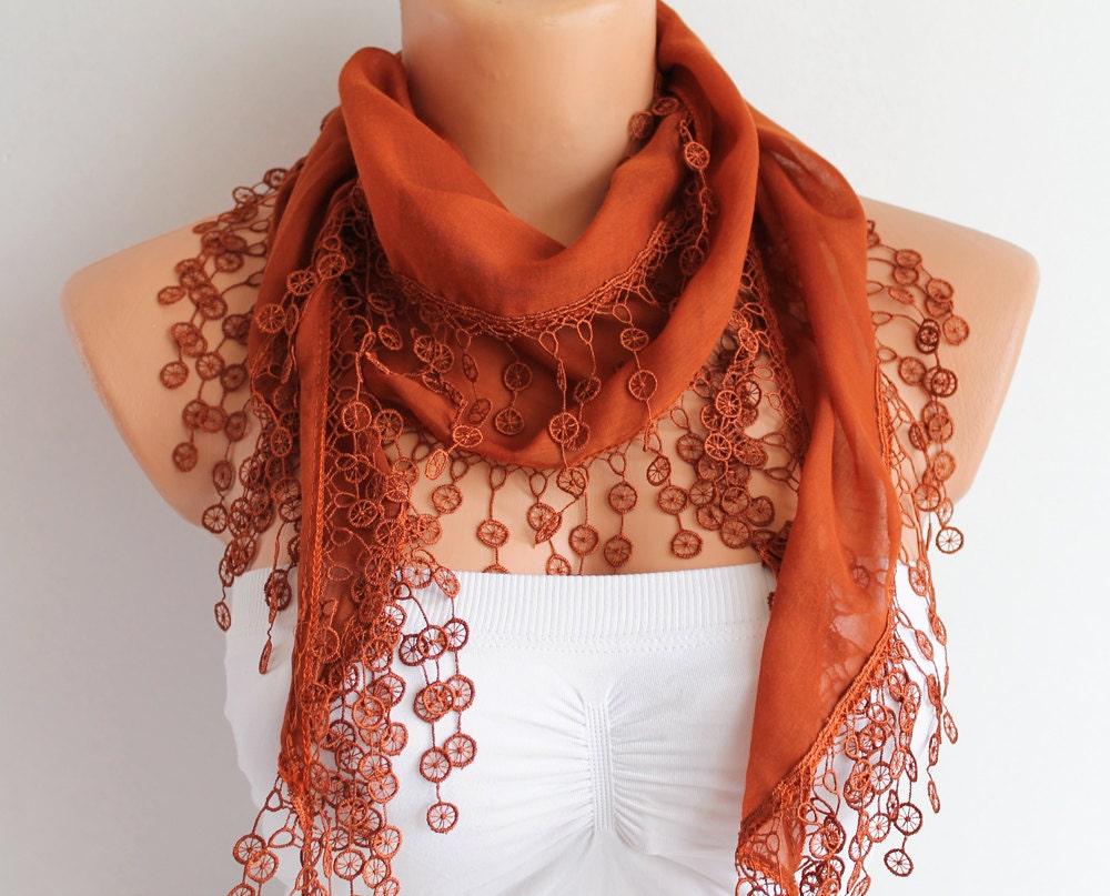SALE Brick Color Cotton Scarf with Lace