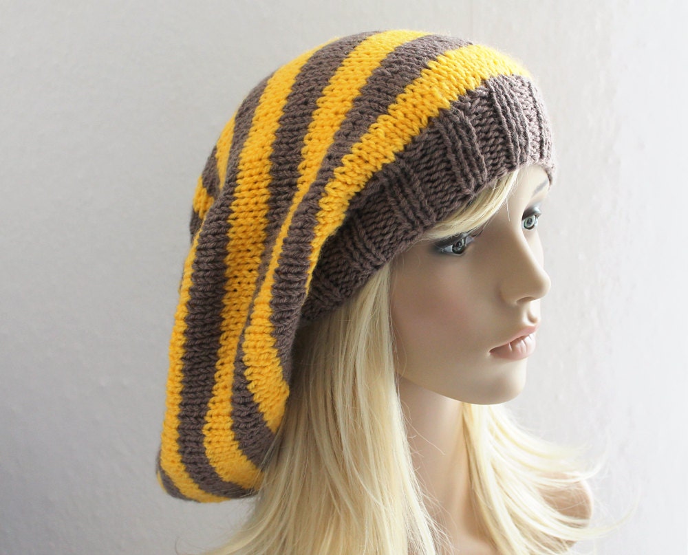 Brown and Yellow Striped Baggy Beanie Slouchy Hat