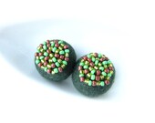 Set of 2 dark green  felted round wool beads / balls decorated with seed beads