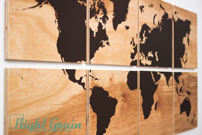 XL World Map Wall Art on Natural Birch Wood Grain Panels - 24x48 Custom Made