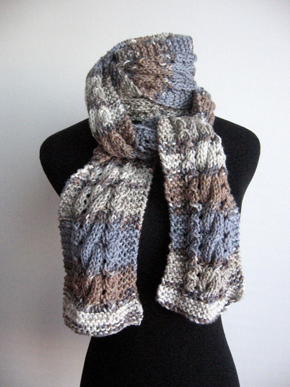 Multicolor Grey,Steel Blue and Taupe Cable and Lace Scarf Vegan Yarn Knitted Scarf  Winter Fashion Accessories Warm Hand Knit