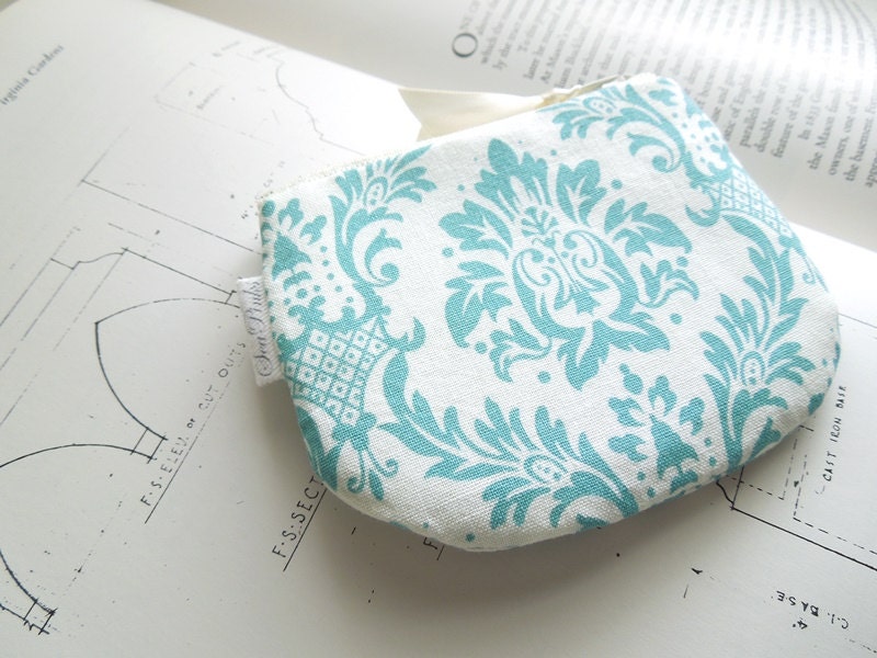 Turquoise and White Damask Coin Purse Small Zipper Pouch