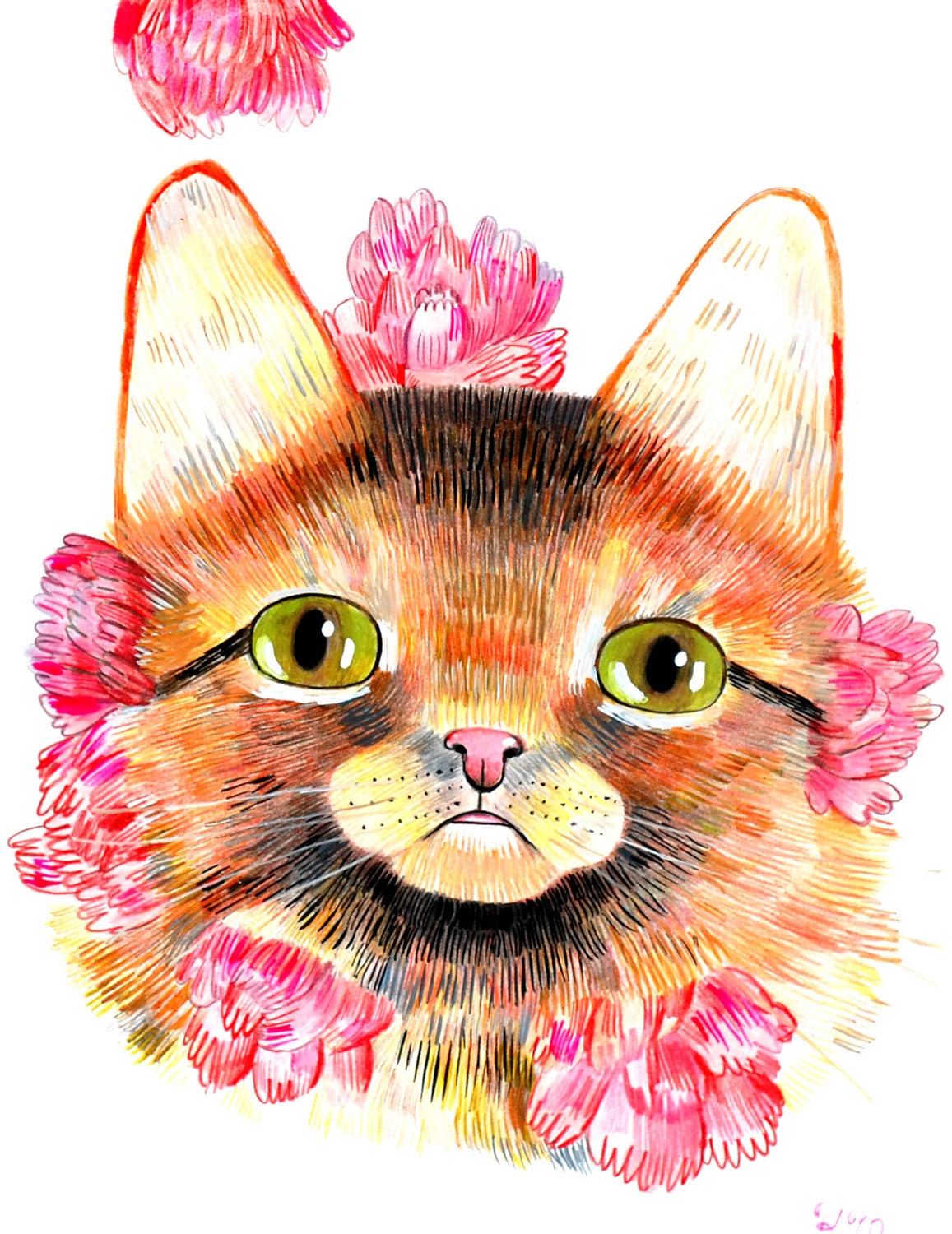 cat and flowers (original illustration on paper)