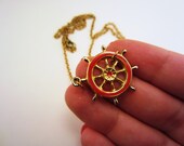 Boat wheel necklace. Gold and enamel red charm, upcycled gold toned chain. Nautical jewelry. Long necklace. Ahoy, matey