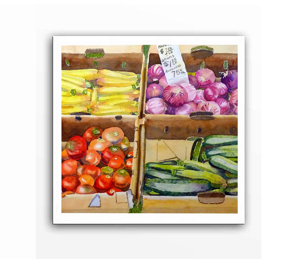Farmers Market Watercolor Painting Print - Fathers Day - Vegetables and Fruit Painting, Tomatoes, Onions, Farmhouse Chic - 5 x 5