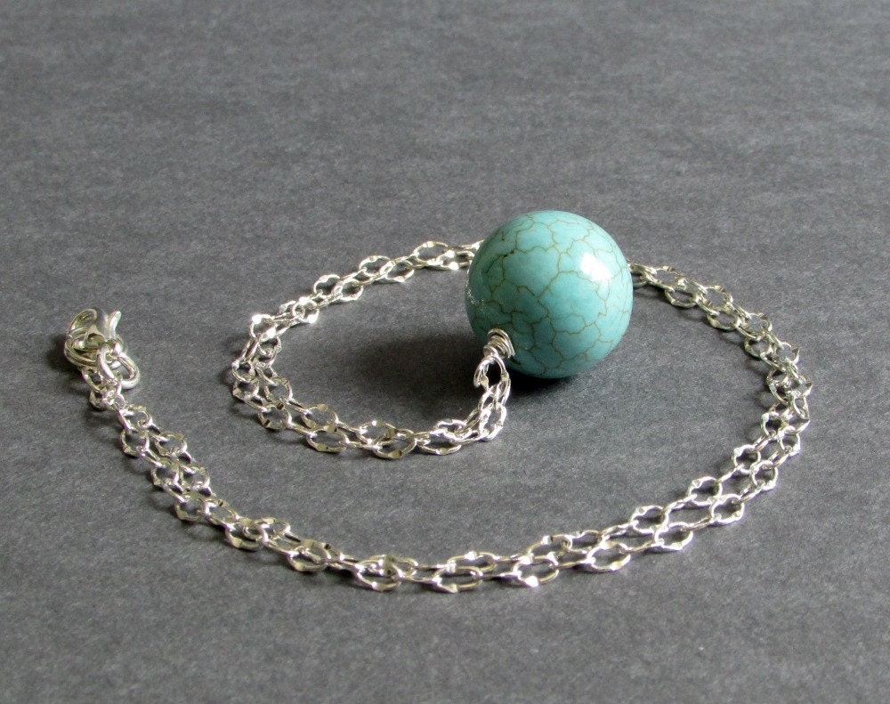 Tiffany Blue Magnesite Bead Necklace / Round Stone on a Silver Plated Chain / Bold Turquoise Magnesite Pendant Necklace - Impact