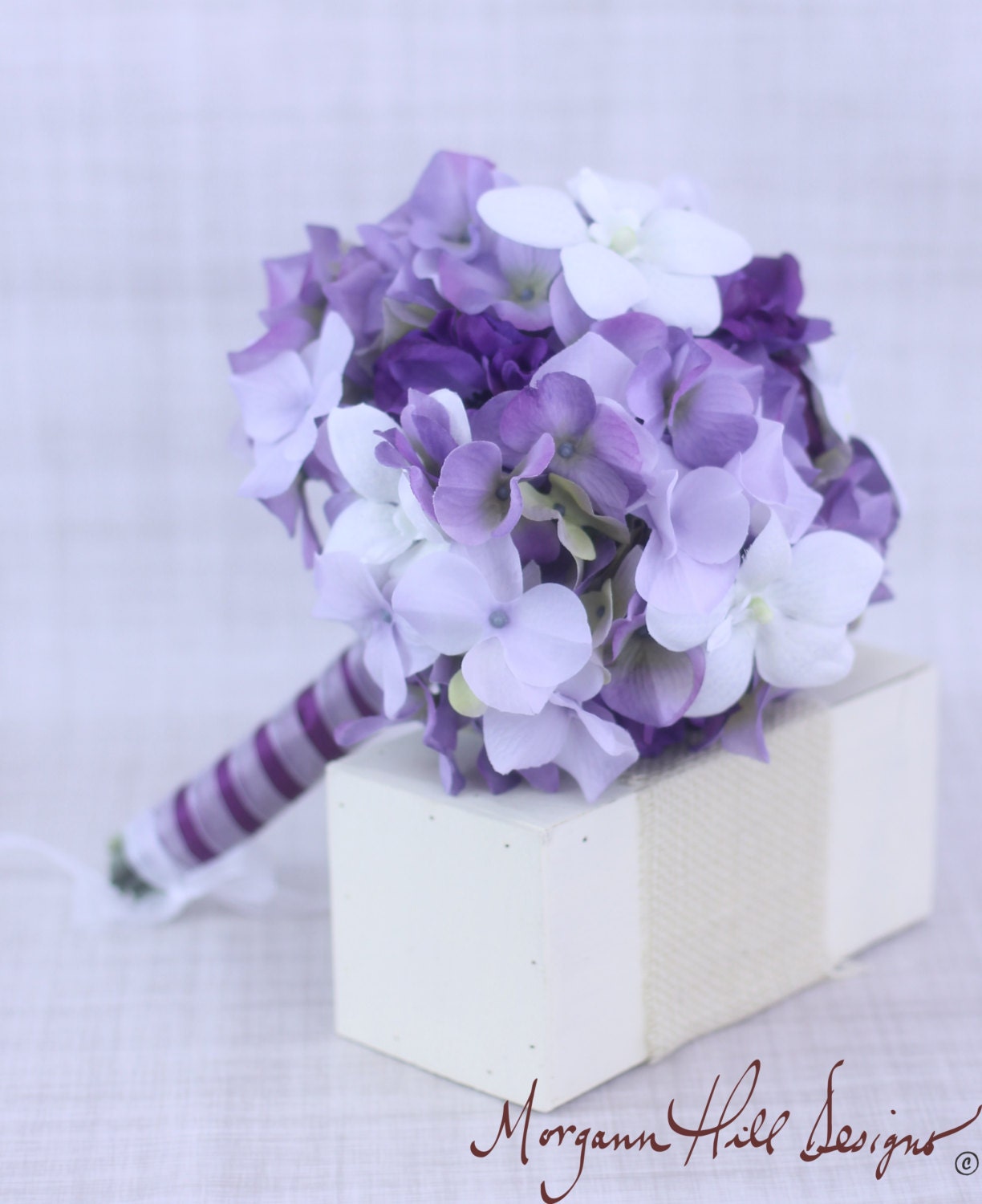 Silk Bride Bouquet Purple Roses Orchids Ranunculus Hydrangeas Rustic Chic Country Wedding (Item Number 130069)