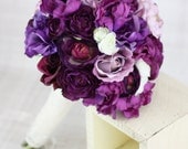Silk Bride Bouquet Roses Ranunculus Anemone Purple Lavender Cream Country Wedding Lace (Item Number 130121)