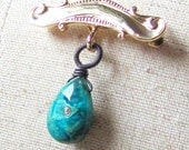 Victorian Antique Pin 14K Solid Gold with Chrysocolla set with Topaz