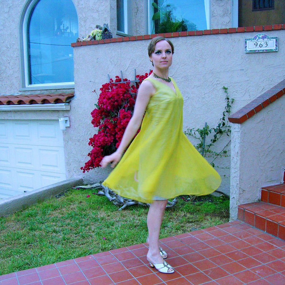 Vintage Sheer Yellow Gold Crystal Pleated 60s Dress With Glittery Silver Under Sheath - By Lilly Diamond Of California - Small