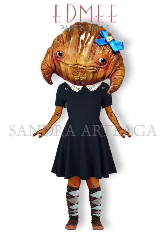 Edmee - articulated Paper Doll 9.8 inches -  croissant puppet green schoolgirl tea party ooak cookie doll