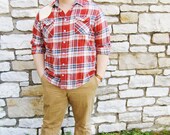 Men's Red Flannel Shirt with Off White Leather Shoulder Patch Urban Shoulder Patch Shirt for Men from the Paul McCall Line