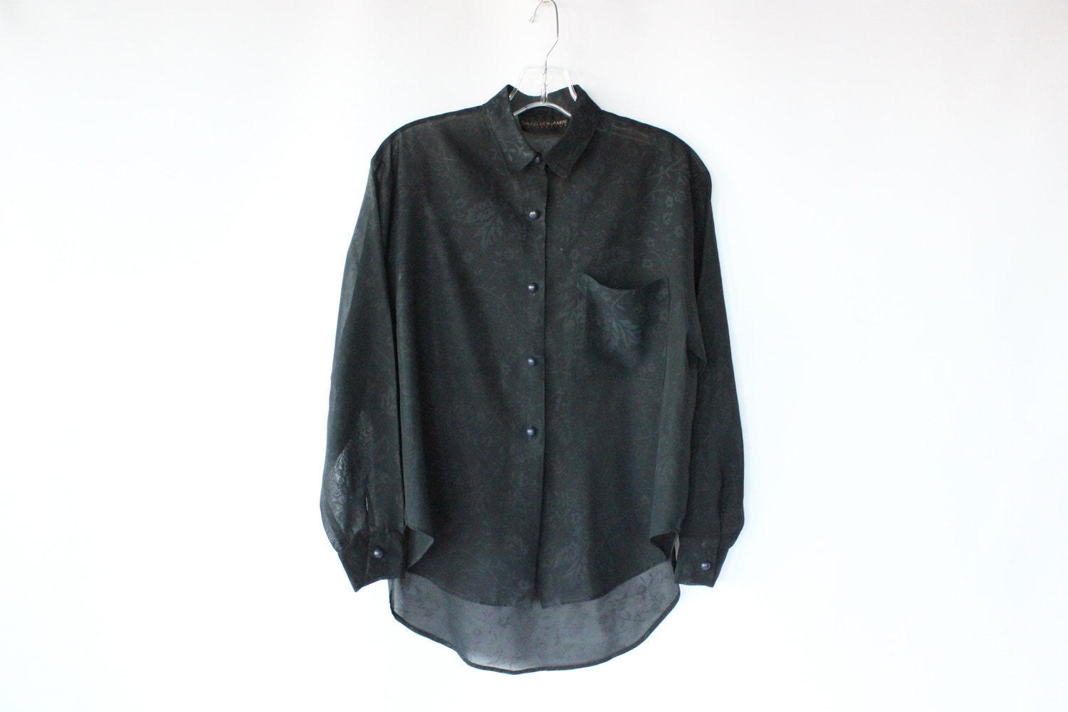 80s Black Sheer Blouse - Vintage Floral Print Long Sleeve Button Up Shirt - M - paisleyfacevintage