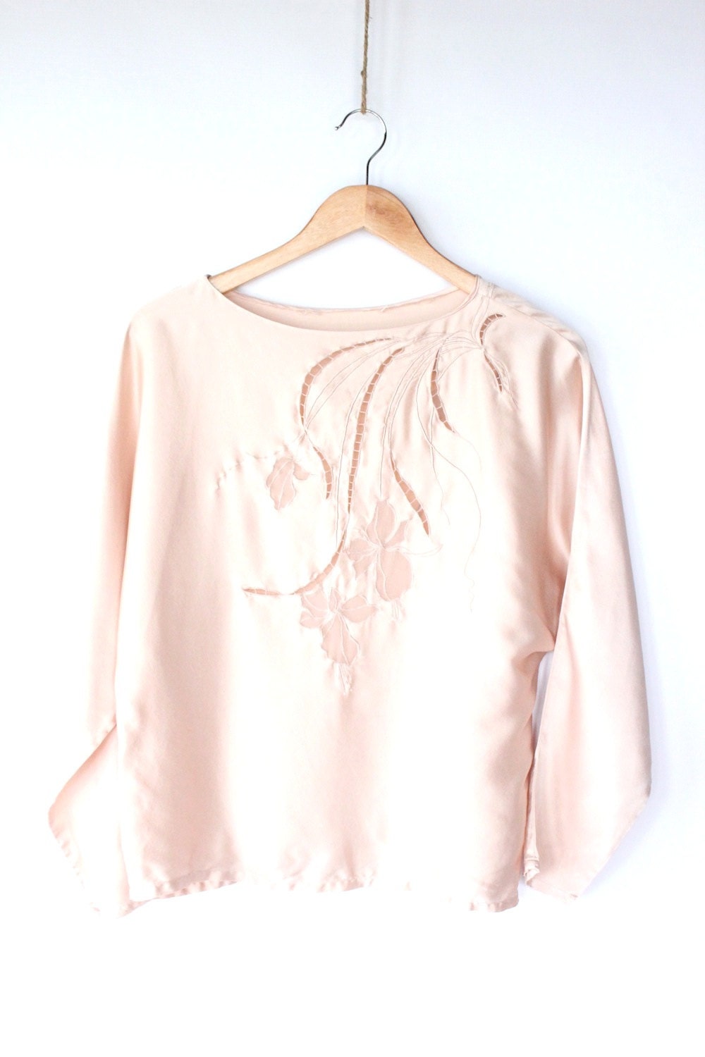 70s Pink Silk Blouse - Champagne Dolman Sleeve Shirt with Floral Cutouts for Holiday Party - M / L