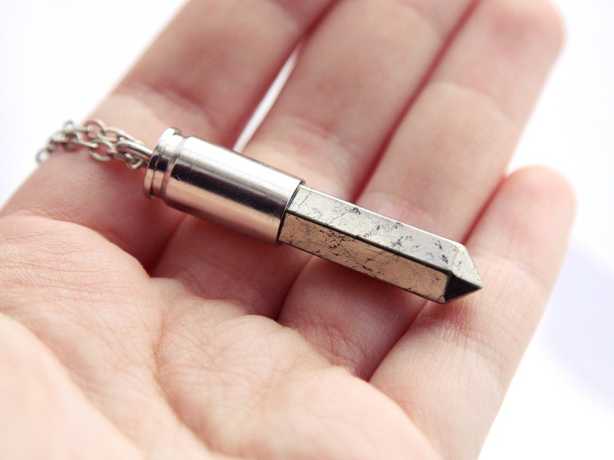 Pyrite Fools Gold Bullet Necklace - Sterling Silver Plated Chain, Raw Natural Gemstone Crystal Stone Drop Spike Spikes
