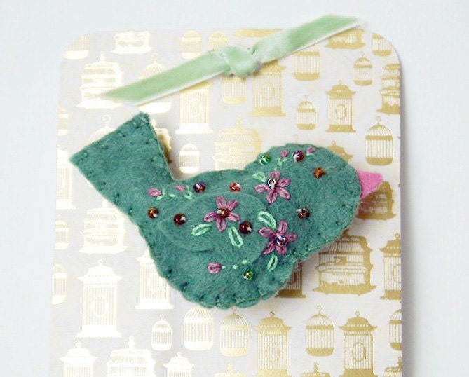 Handmade Felt Brooch or Pin - A Little Green Bird with Pink Embroidered Flowers and Beaded Embellishments