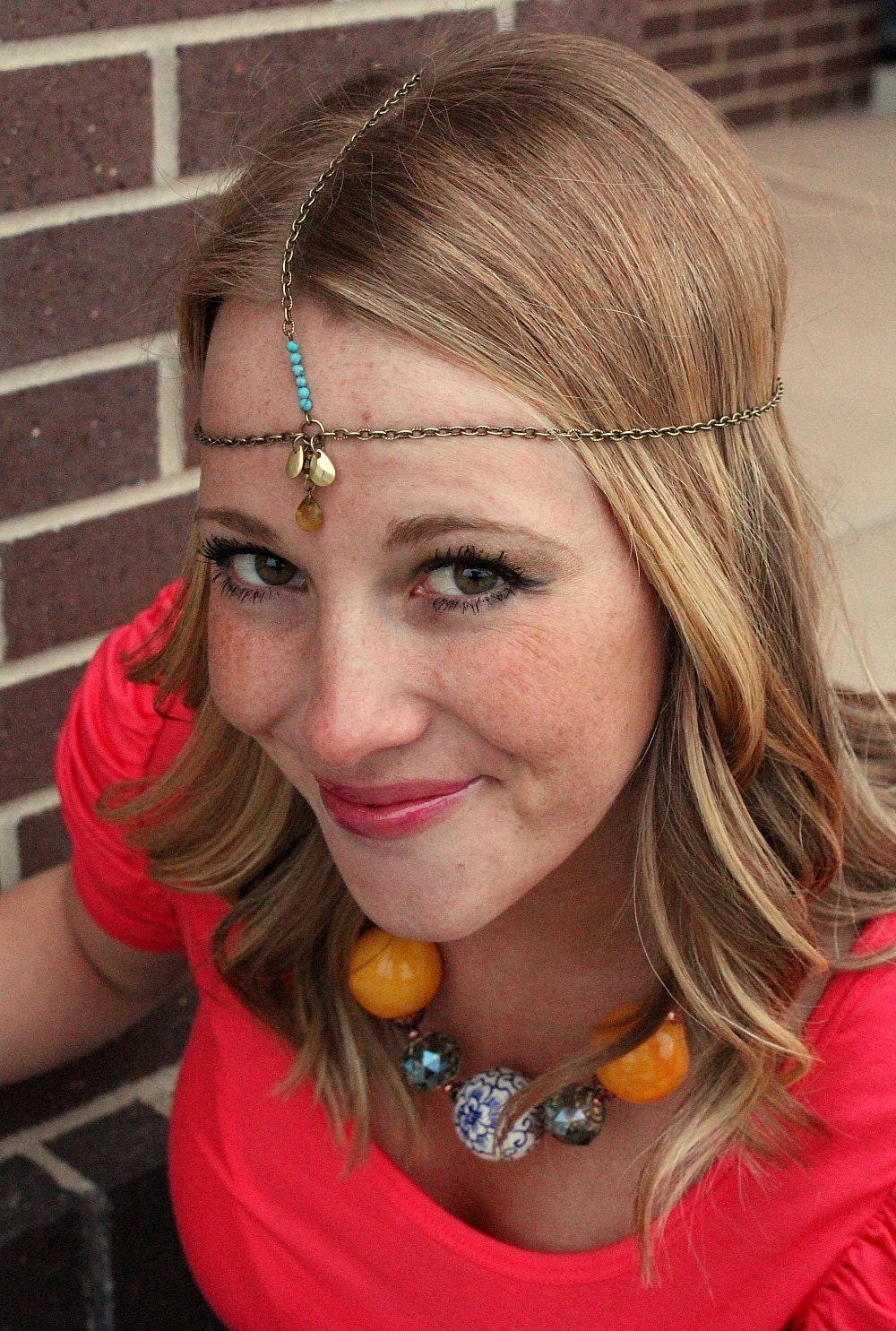 Brass chain headpiece with Turquoise accents- boho, indie, native, tribal