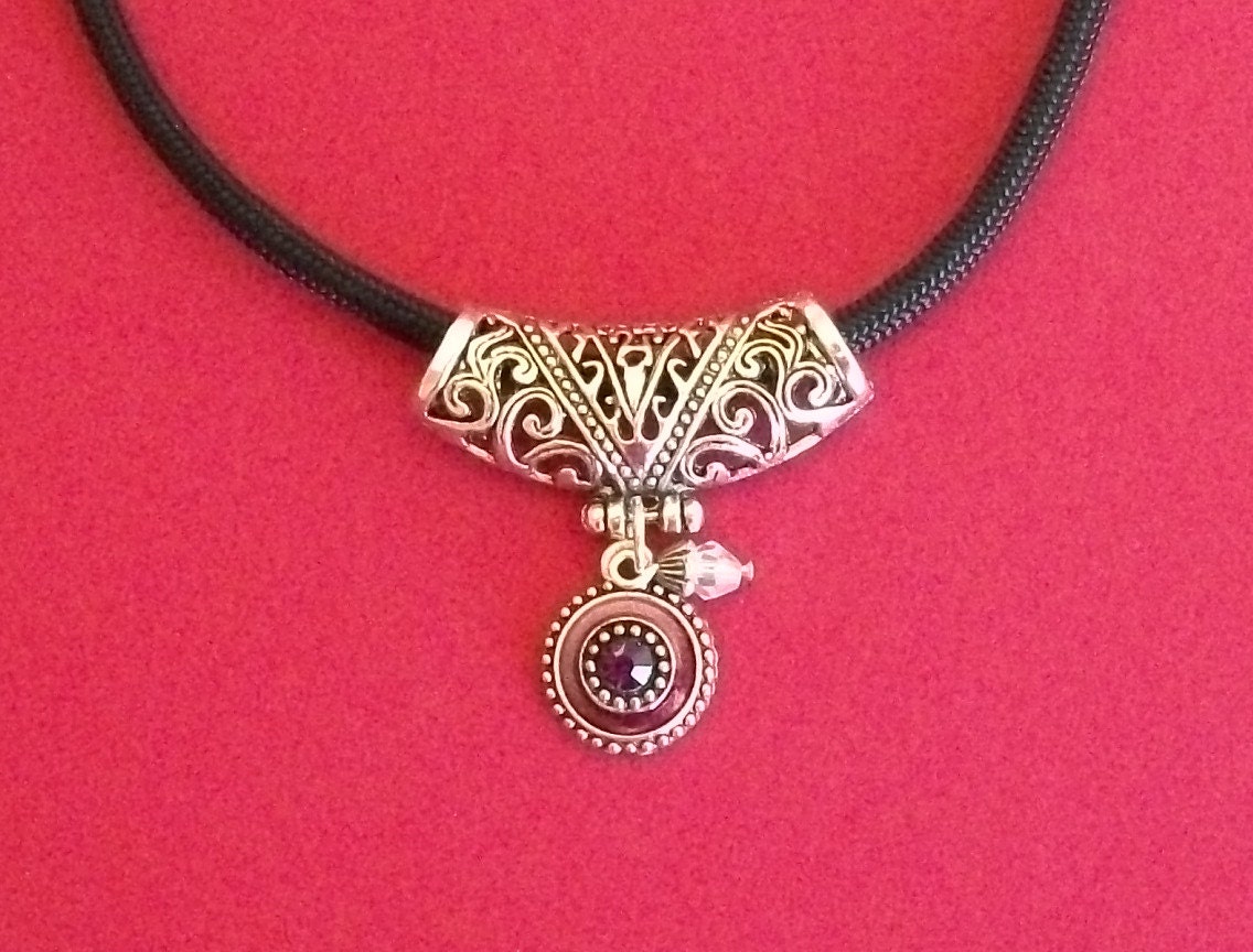 Antique Silver Maroon Charm with Swarovski Crystal Choker