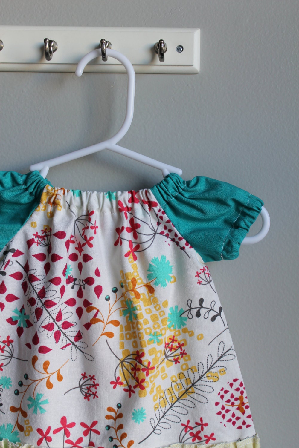 Little Girl Peasant Top Dress- 0-3 Month Size- Floral Print with teal and yellow ruffle- Spring Summer Dress