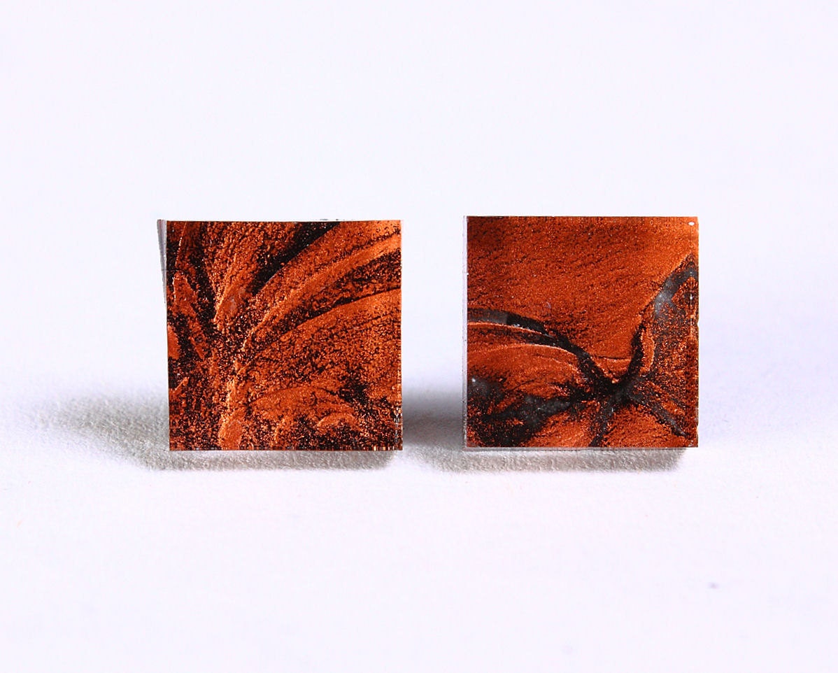 Copper orange glass square stud post earrings (705) - Flat rate shipping