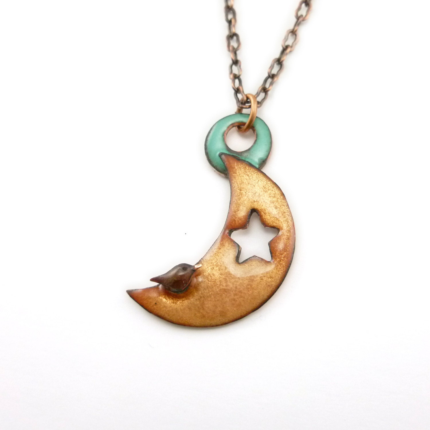 When Wren Dreams Necklace No. 4 - tiny bird on a crescent moon