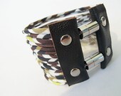 Geometric Soft Multi Strand Scarf Bracelet - size M-L - Wide Fabric Cuff Neon and Olive Green