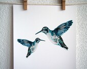 hummingbird art painting print - blue hummingbirds