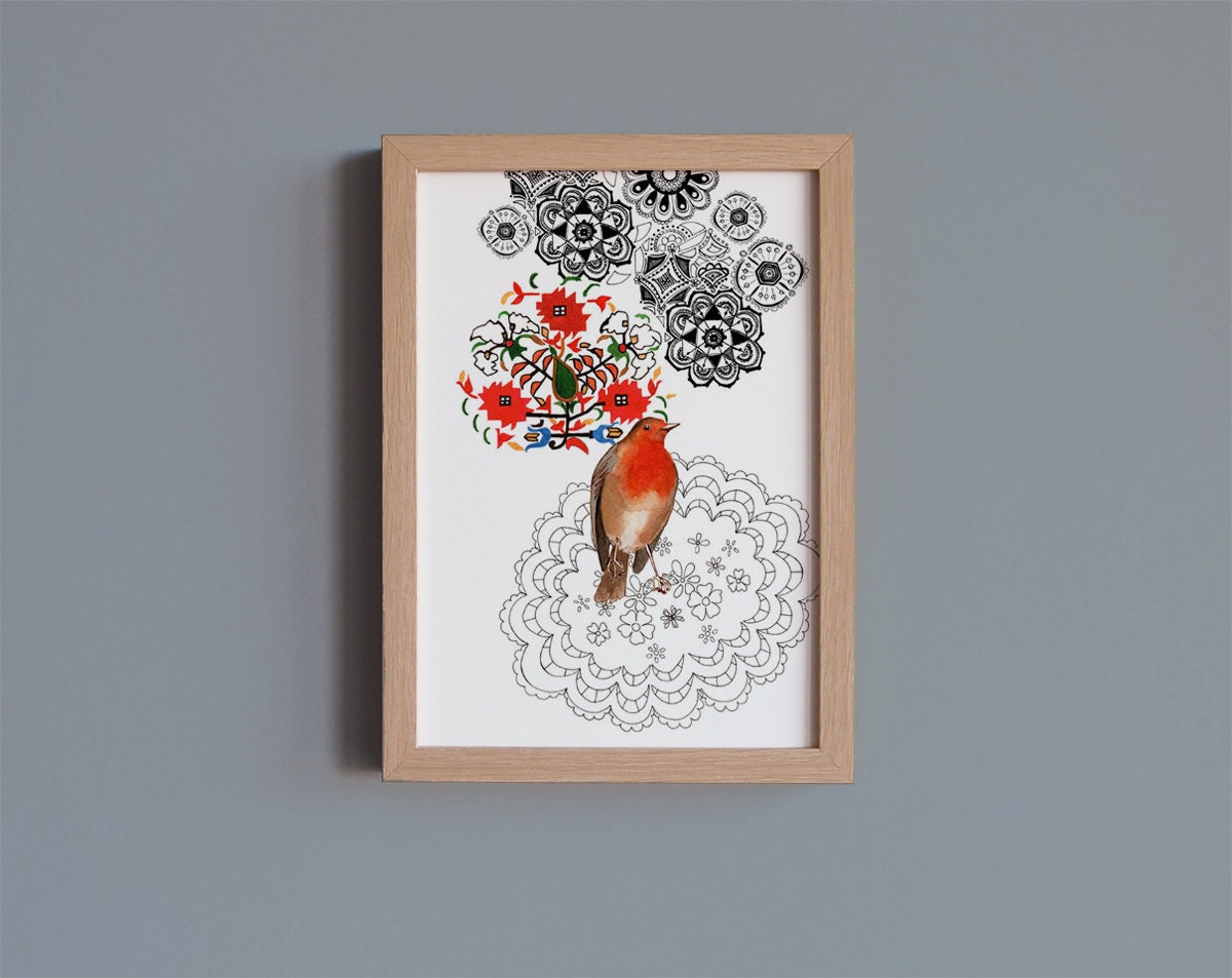 original illustration print  - robin painting with folk pattern and lace doily