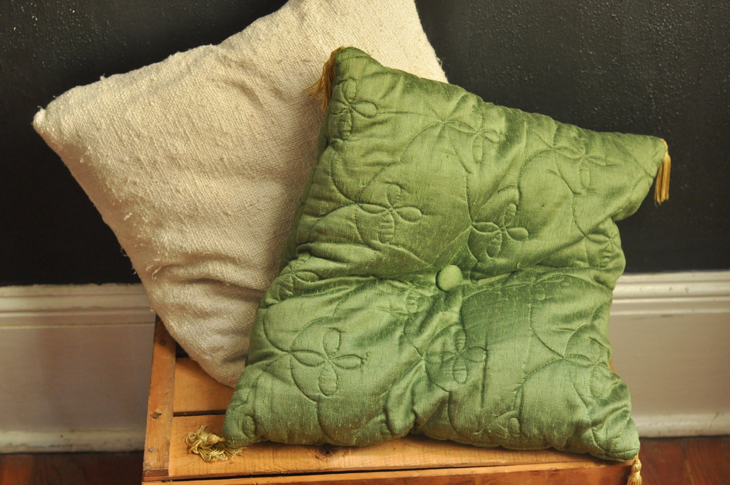Vintage Square Olive Green Fancy Retro Decorator Pillow 1960s