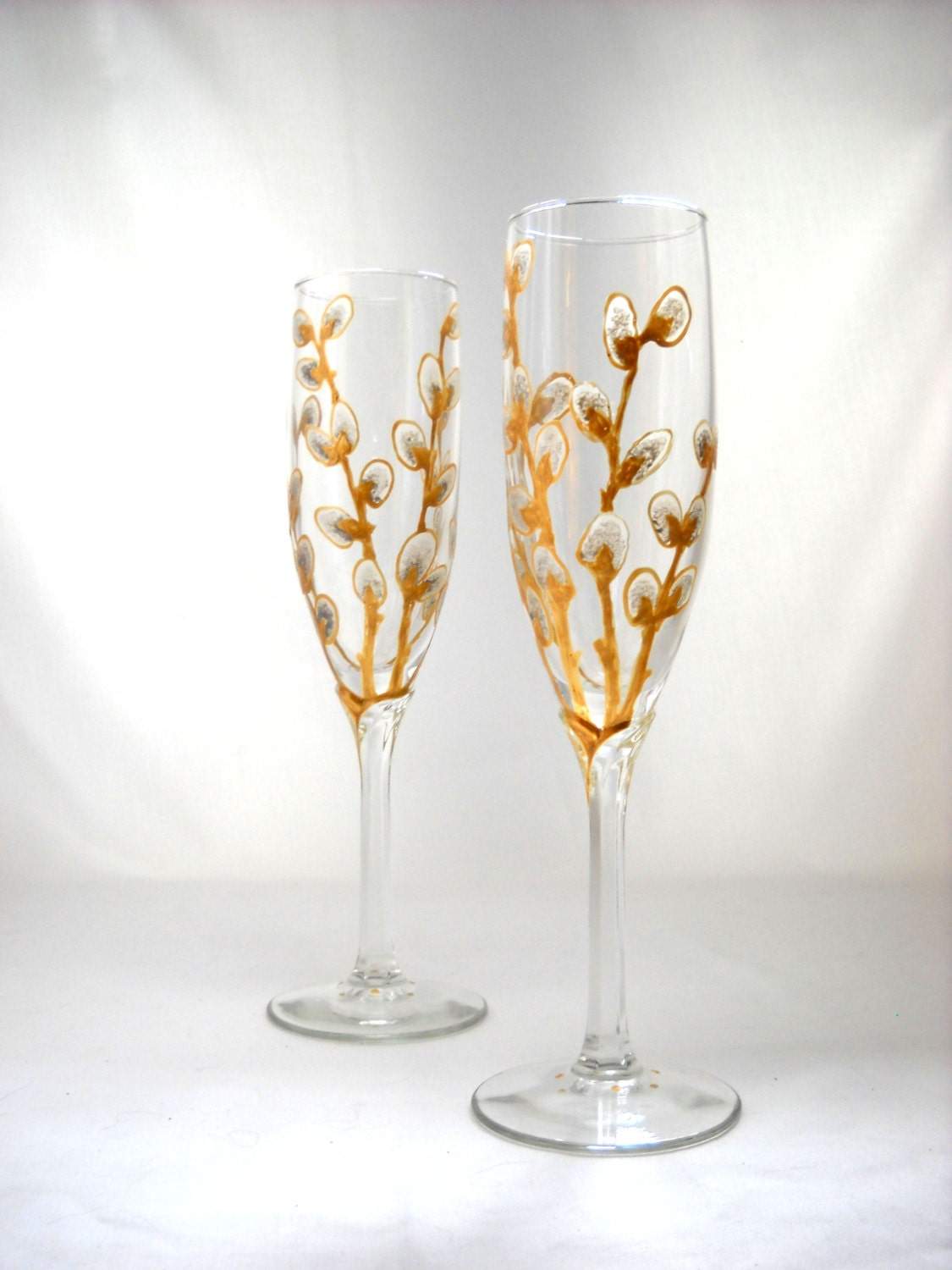Glasses Hand Painted Toasting Flutes Painted Pussy Willows