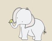 Elephant Nursery Art, Nursery Art Print, Baby Elephant and Little Bird, Digitally Colored, 5x7 Children Giclee Art Print