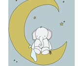 Elephant Nursery Art Print, Nursery Decor, Elephant Art Print, Baby Elephant Moon and Stars Awake, 8x10 Children Art Print, Kids Wall Art