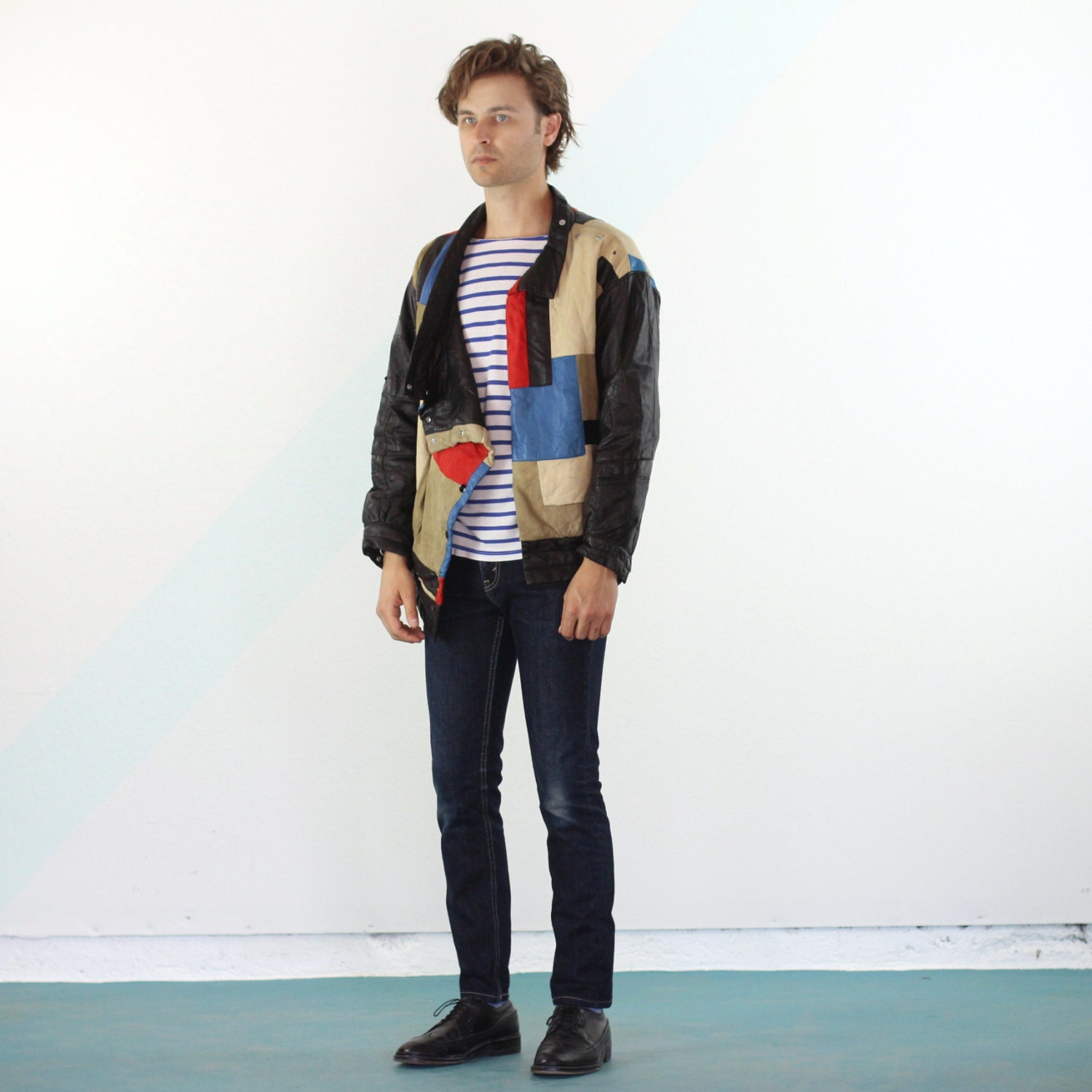 Unisex Piet Mondrian Leather Snap Jacket - M