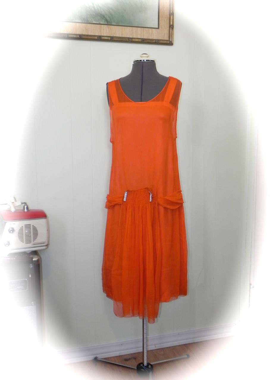 Gorgeous Rare Antique Vintage 1920s 2pc Orange SILK Flapper Dress  S XS