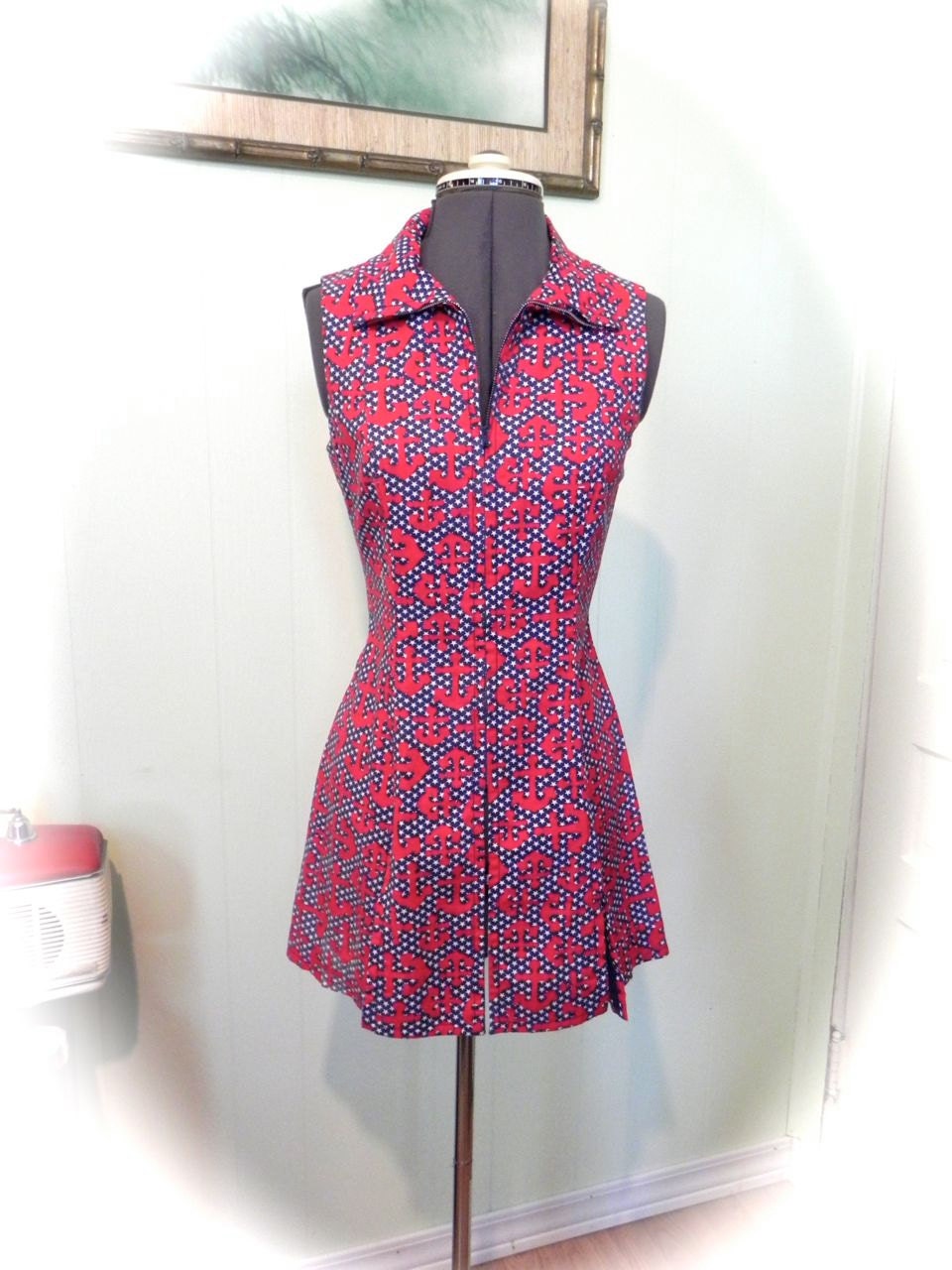 Vintage Pin Up Play Suit Mini Dress with Anchor Print 40s 50s 60s  SM