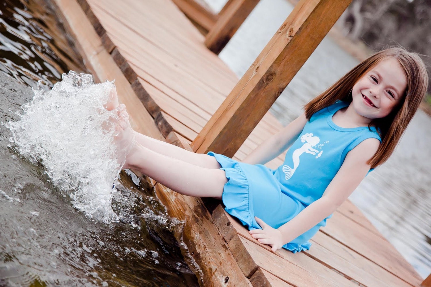 Bubbly Mermaid Sleeveless A-line Ruffle Nostalgic Graphic Tees Dress - Turquoise with White FREE SHIPPING