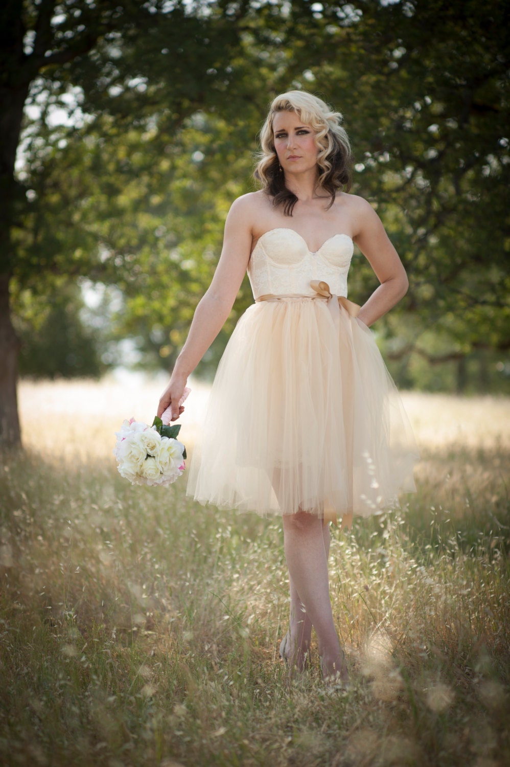 Champagne Tulle Tutu Skirt Tea Length with Satin Sash Adult Custom size Retro Ballet