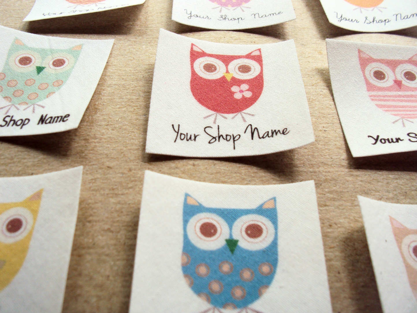 Owl Shop Labels - iron on fabric labels, personalized with your shop name and printed on 100% organic cotton