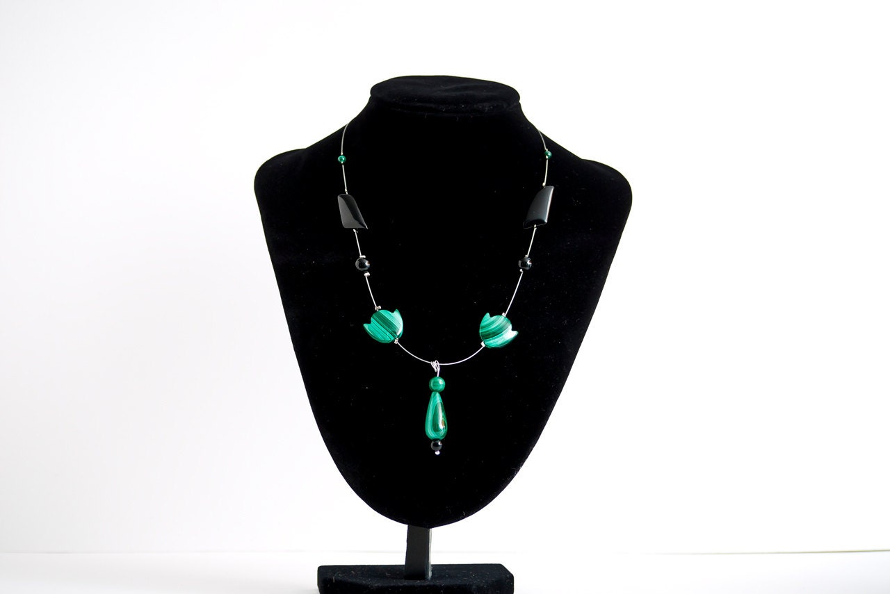 Onyx and genuine malachite necklace, semi-precious stone -OOAK
