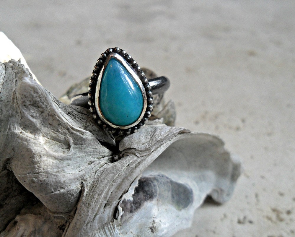 The Raindrop - Amazonite and Sterling Silver Ring - Teal Oxidized Sterling - Spring Fashion - Size 7