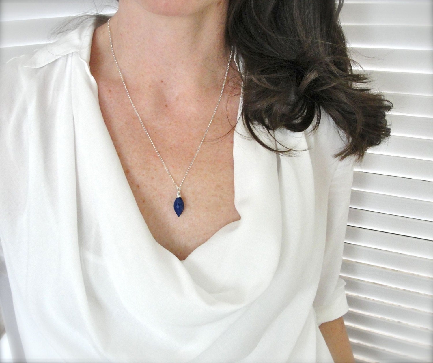 Lapis Lazuli Necklace in Sterling Silver, Wire Wrapped Briolette Solitaire, Handcrafted Gemstone Jewelry