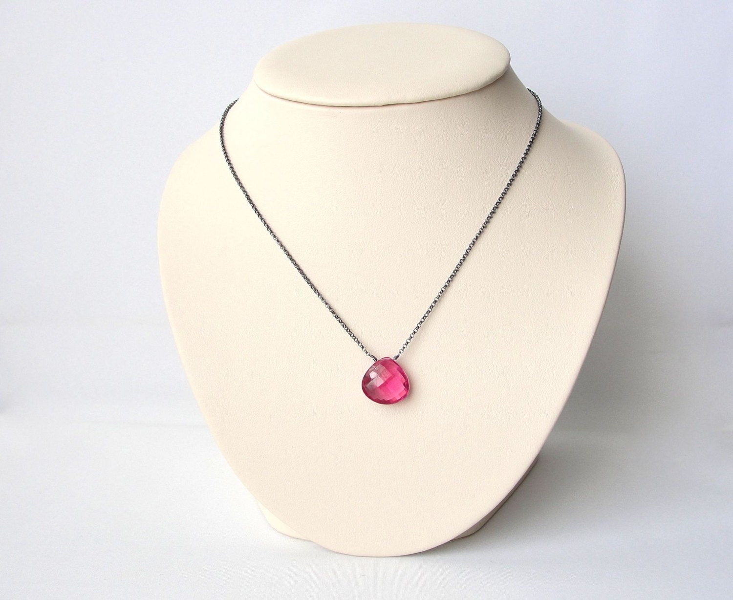Hot Pink Quartz Necklace in Oxidized Sterling Silver, Handcrafted Fashion Jewelry