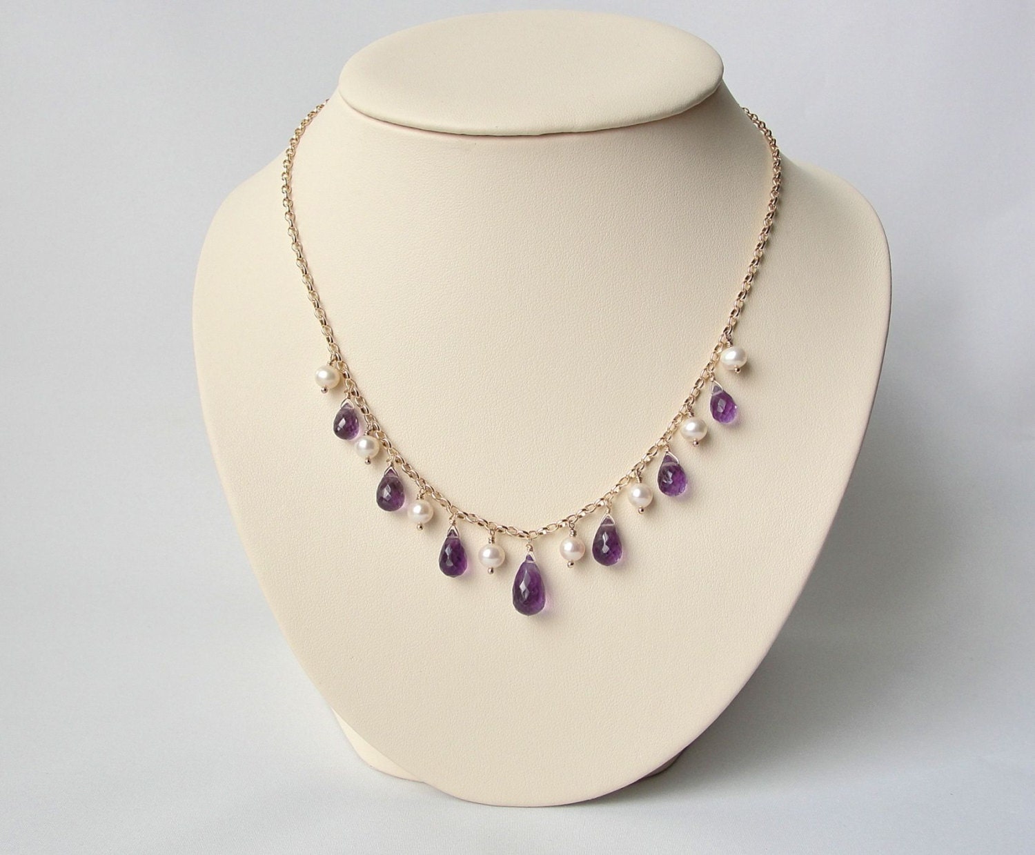 Amethyst Bridal Necklace with Pearls in Gold Fill, Purple Wedding Jewelry, 16 to 18 Inch, BlueRoomGems