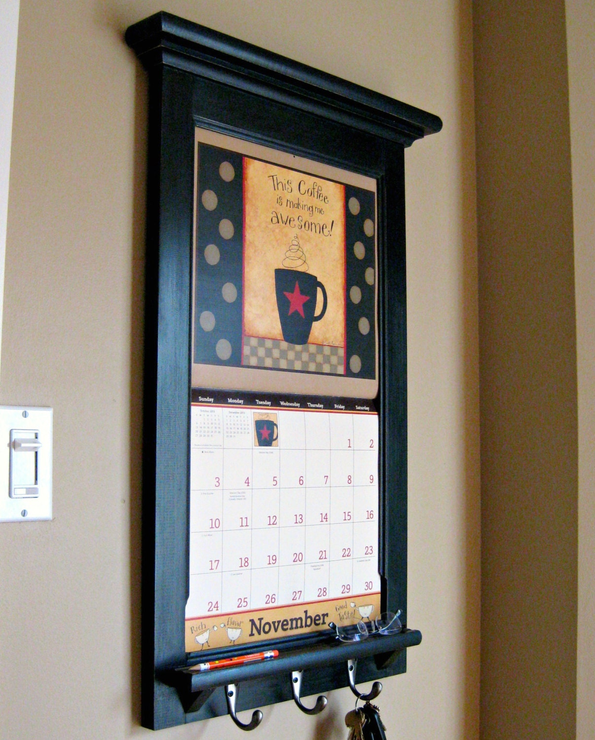 Calendar Frame organizer for your 2013 Calendar - storage shelf and key hook Furniture - Front Loading Calendar Frame in Black White or Red