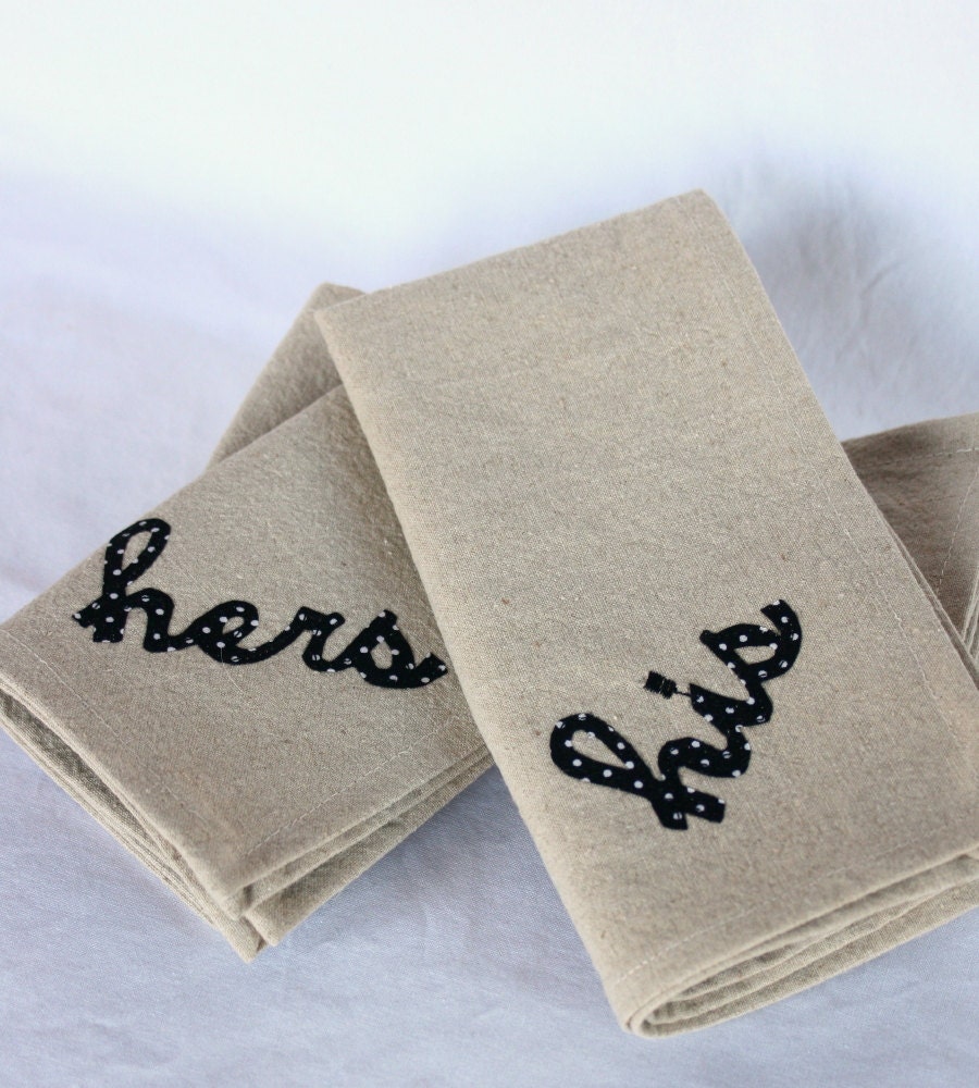 Cloth Napkins, His and Hers on Natural Linen and Cotton Blend, Set of 4 Sixteen inch Dinner Napkins